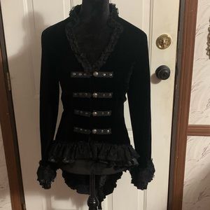 Hearts & Roses Gloria Black Velvet, Satin and Lace Tailcoat with Silver Buttons